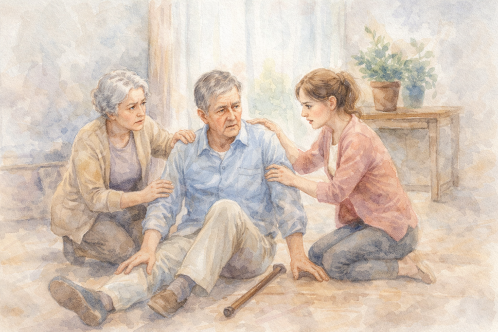 집 안에서 넘어져 당황한 어른과 이를 지켜보는 가족의 모습, 일상 속 낙상 사고 상황을 표현한 수채화 일러스트