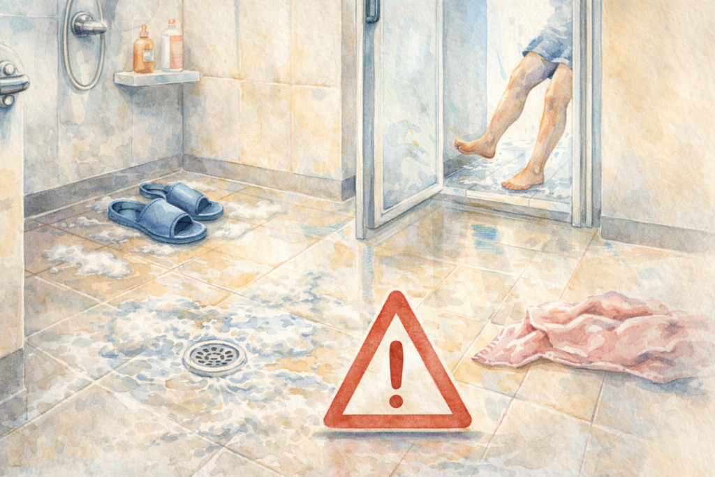 욕실 사고 원인: 사고가 잦은 집의 구조적 문제와 생활 습관 10가지 3 욕실 사고 원인 점검을 위해 미끄러운 바닥과 젖은 출입구를 보여주는 욕실 장면