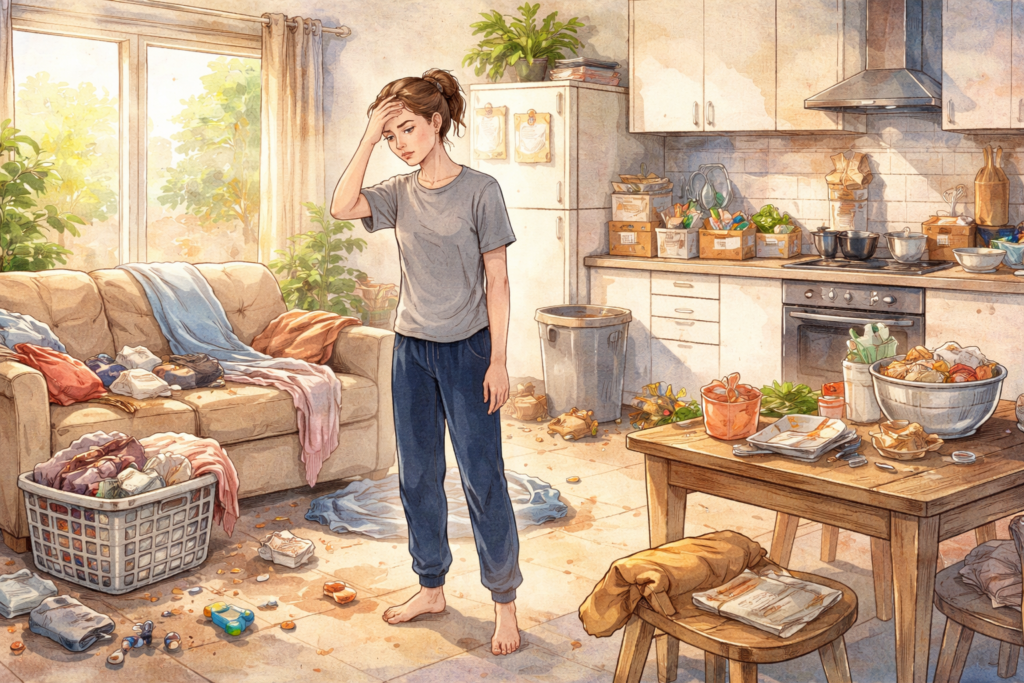 집안일을 줄이려다 오히려 더 힘들어지는 선택 9가지 2 집안일을 줄이려다 오히려 더 복잡해진 집안 풍경을 보여주는 수채화 일러스트