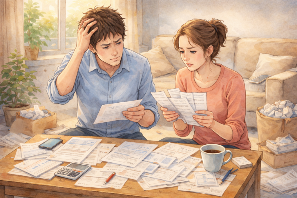 연말정산 때마다 손해 보는 집의 공통점 5가지 1 연말정산 시즌을 앞두고 가계 재정과 세금 구조를 고민하는 부부의 모습 수채화 일러스트