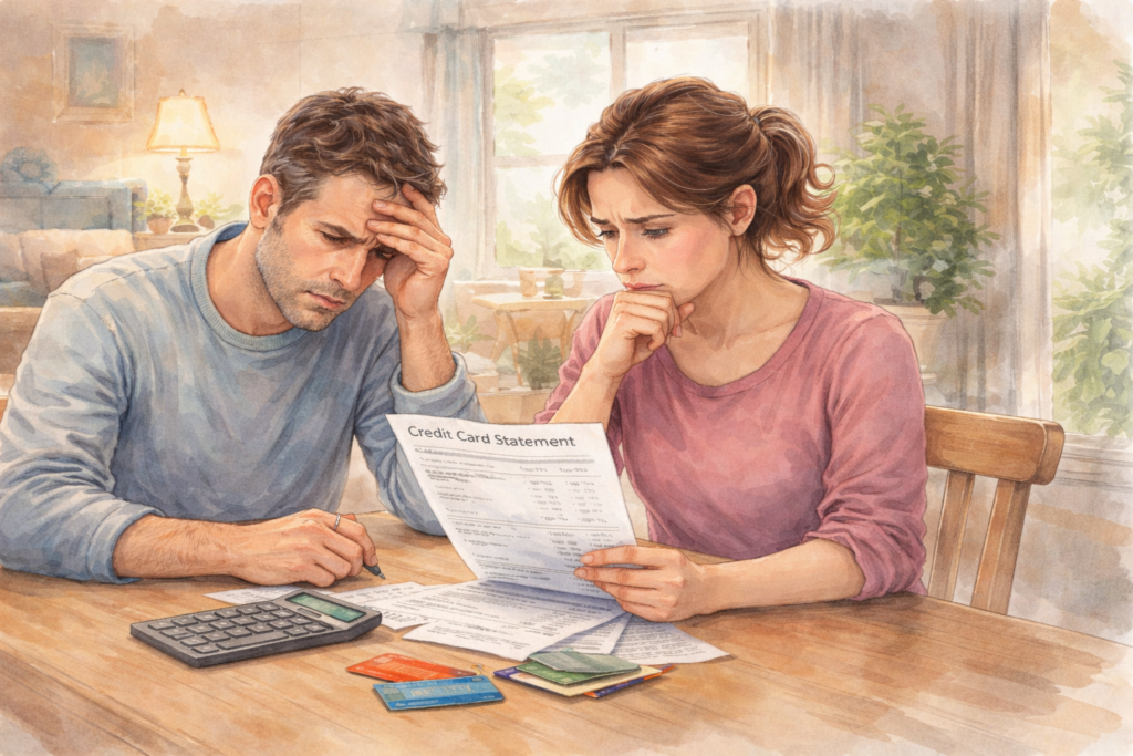 카드값이 부담돼 명세서를 바라보며 고민하는 일상적인 가정의 모습